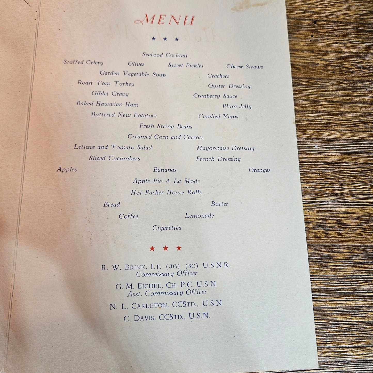 1944 Pearl Harbor Naval Air Station Independence Day Menu