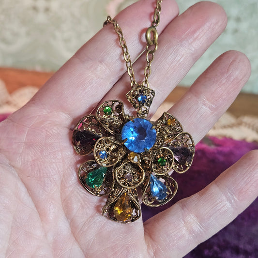 Multicolor Art Deco Czech Filigree Pendant Necklace