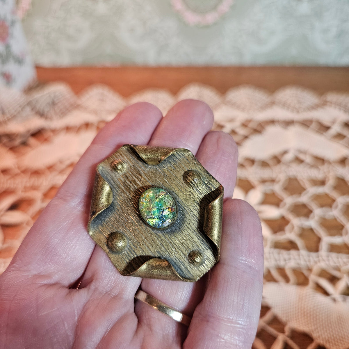 Modernist Iridescent Art Glass Cabochon Brooch