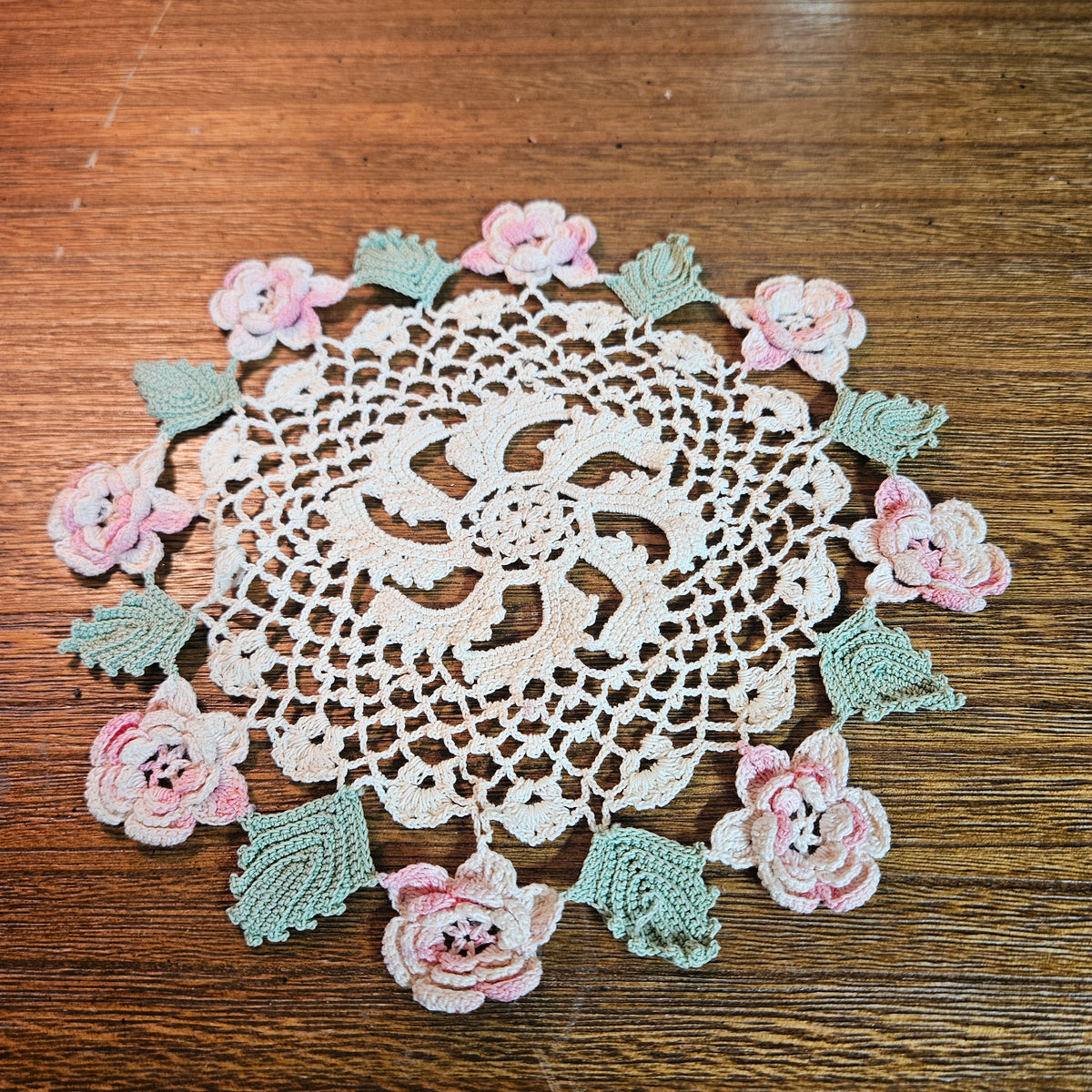 Hand Crocheted Rose Doily with Raised Flowers