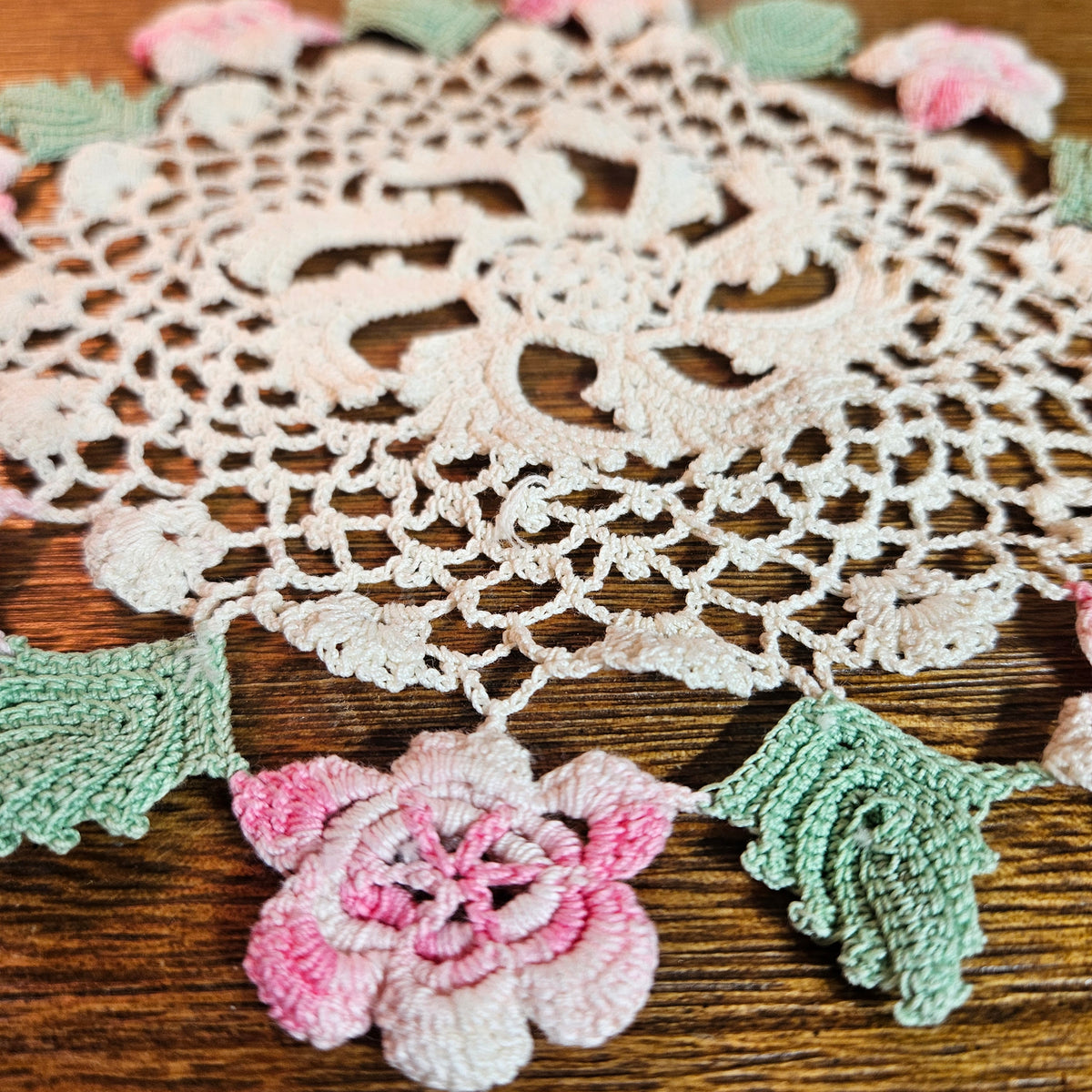 Hand Crocheted Rose Doily with Raised Flowers