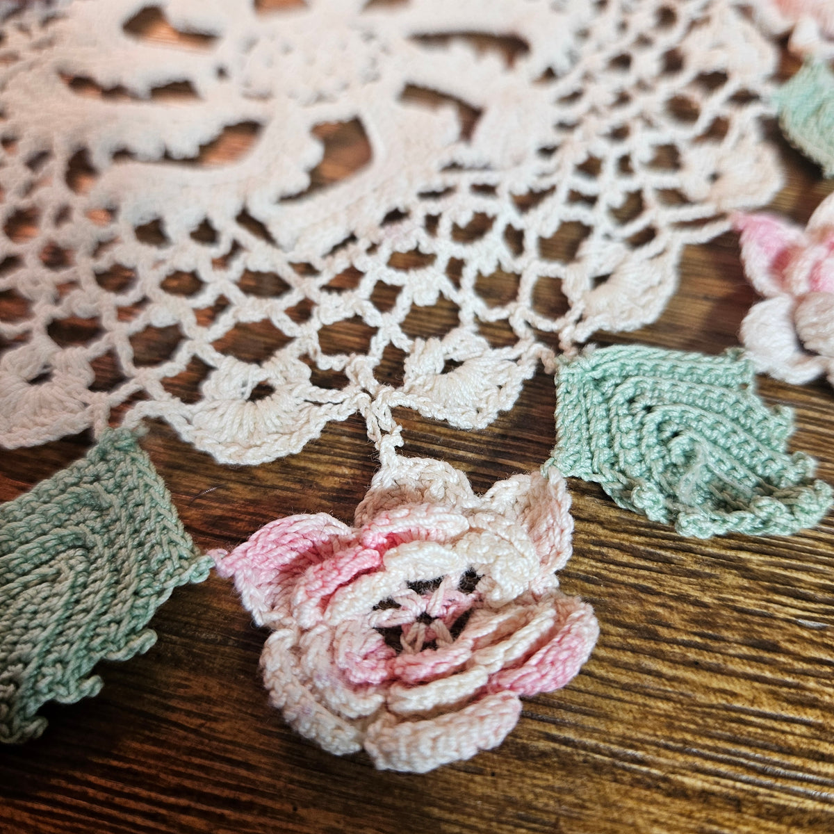 Hand Crocheted Rose Doily with Raised Flowers