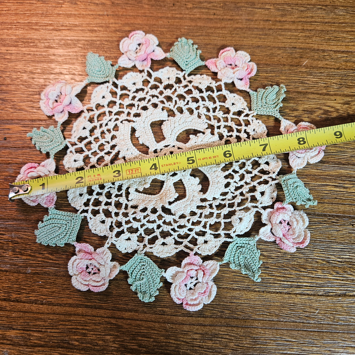 Hand Crocheted Rose Doily with Raised Flowers