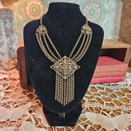 Vintage Ornate Filigree Bib Necklace with Chain Fringe