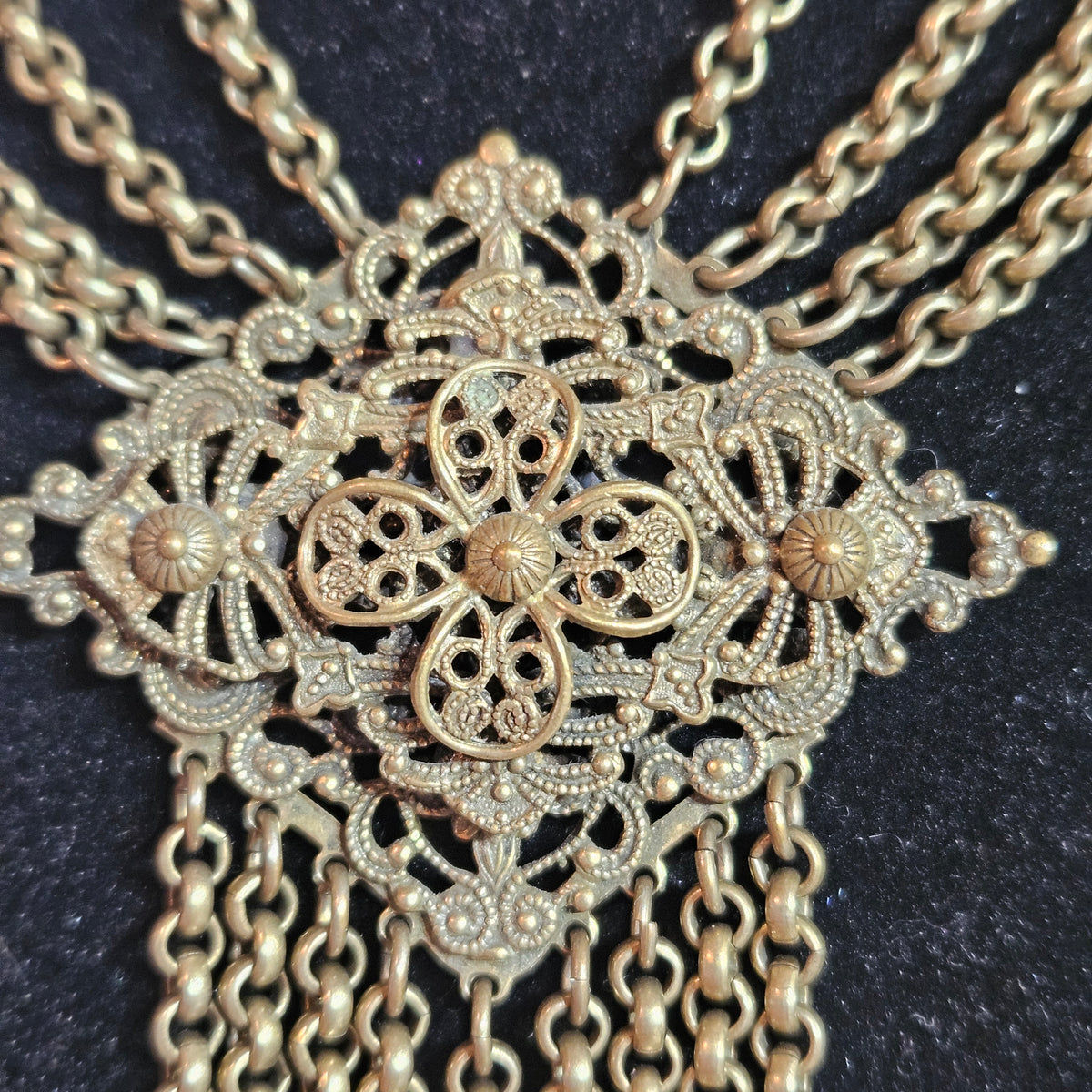 Vintage Ornate Filigree Bib Necklace with Chain Fringe