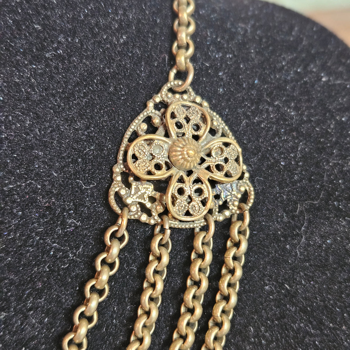 Vintage Ornate Filigree Bib Necklace with Chain Fringe