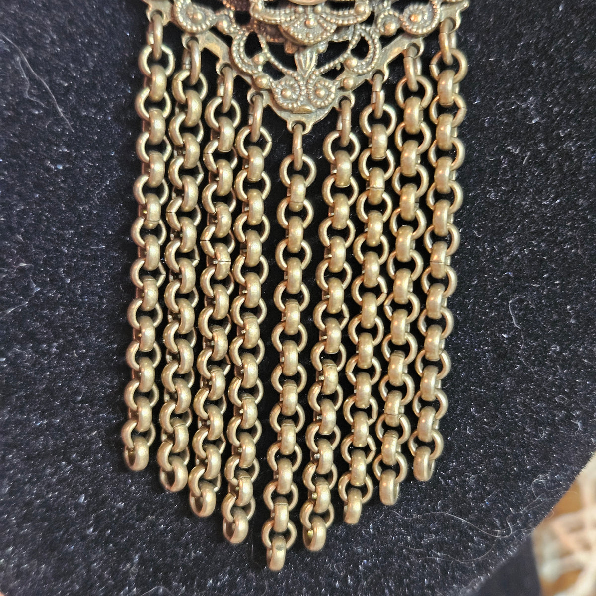 Vintage Ornate Filigree Bib Necklace with Chain Fringe