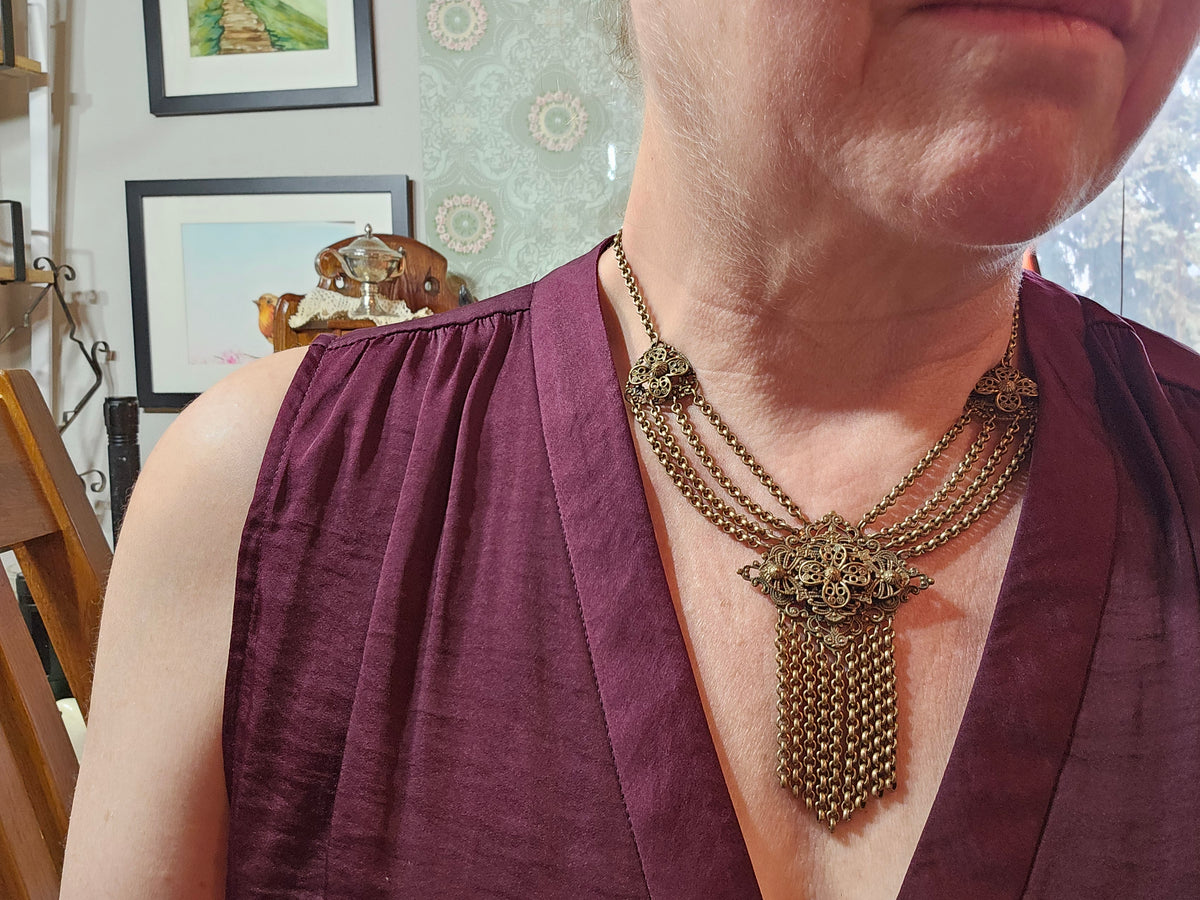 Vintage Ornate Filigree Bib Necklace with Chain Fringe