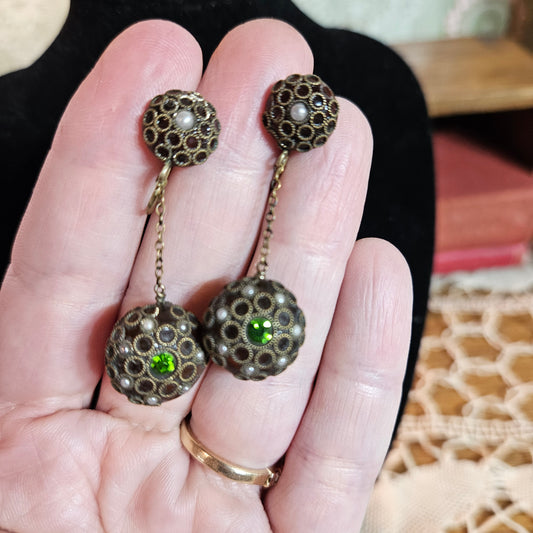 Vintage Filigree Drop Screw Back Earrings Green Rhinestones
