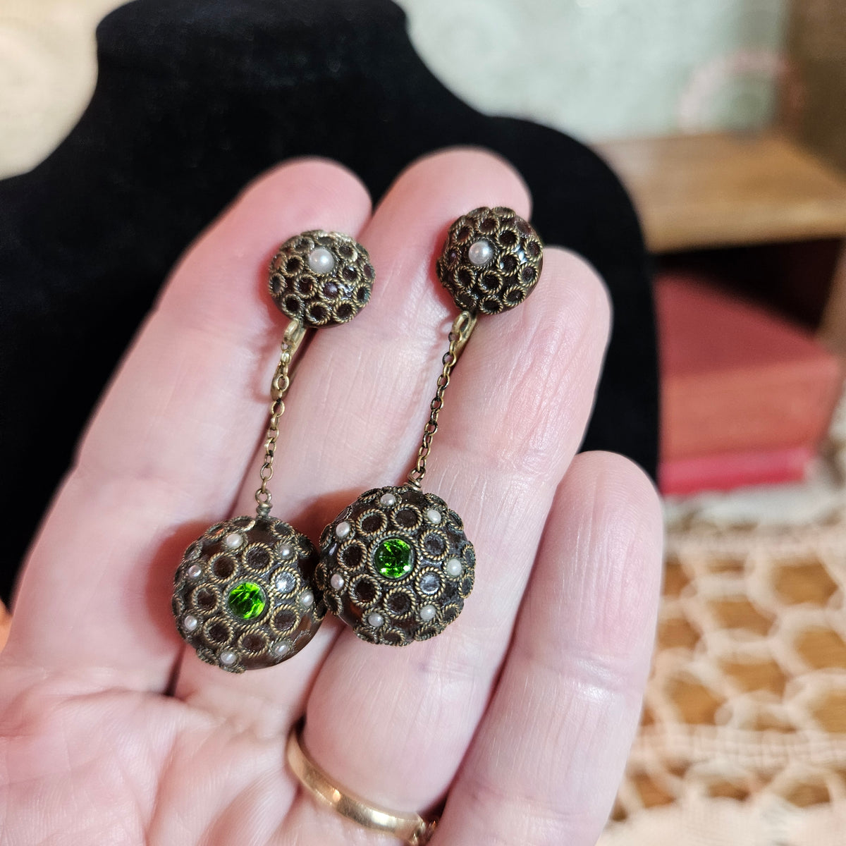 Vintage Filigree Drop Screw Back Earrings Green Rhinestones