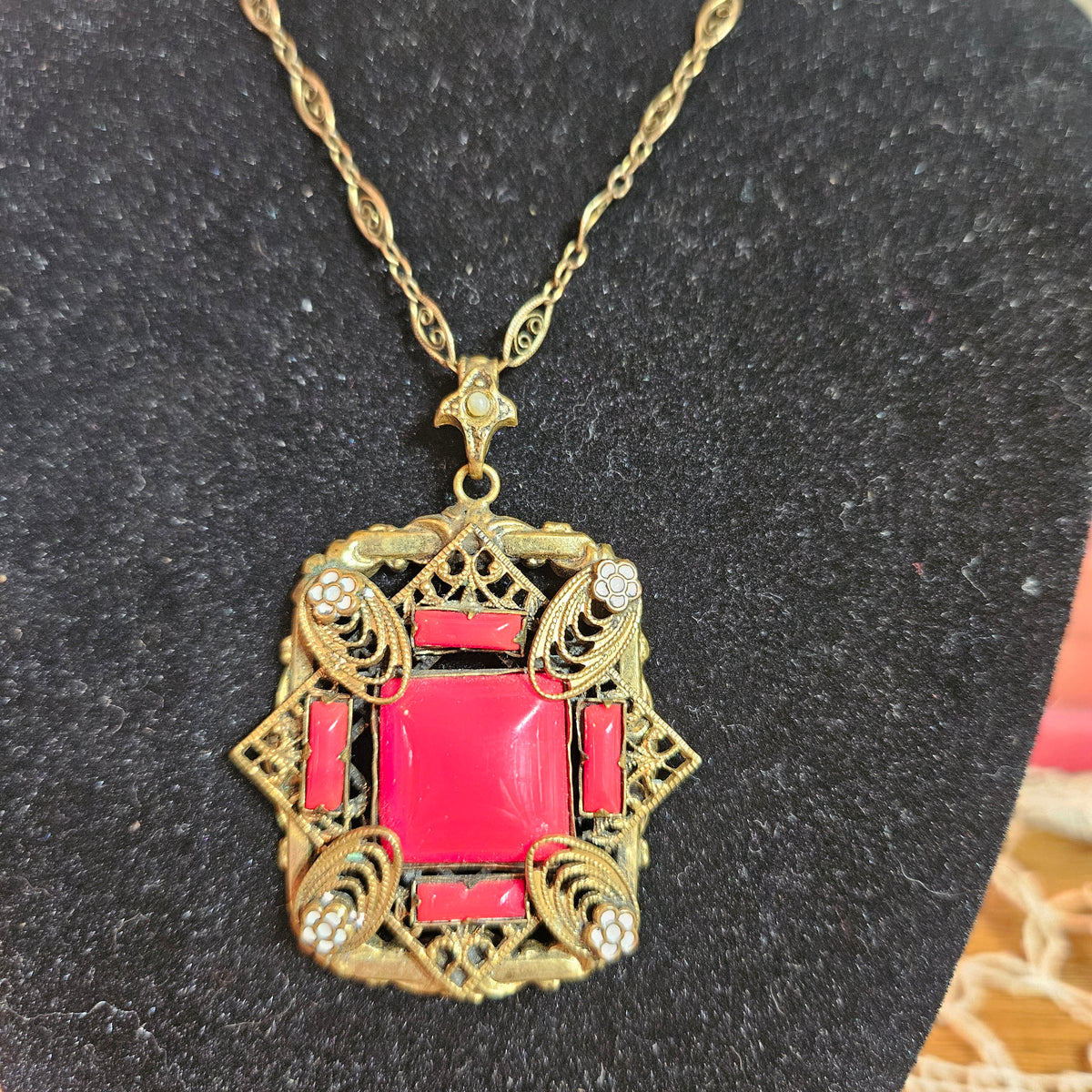 Art Deco Red Glass Filigree Pendant Necklace