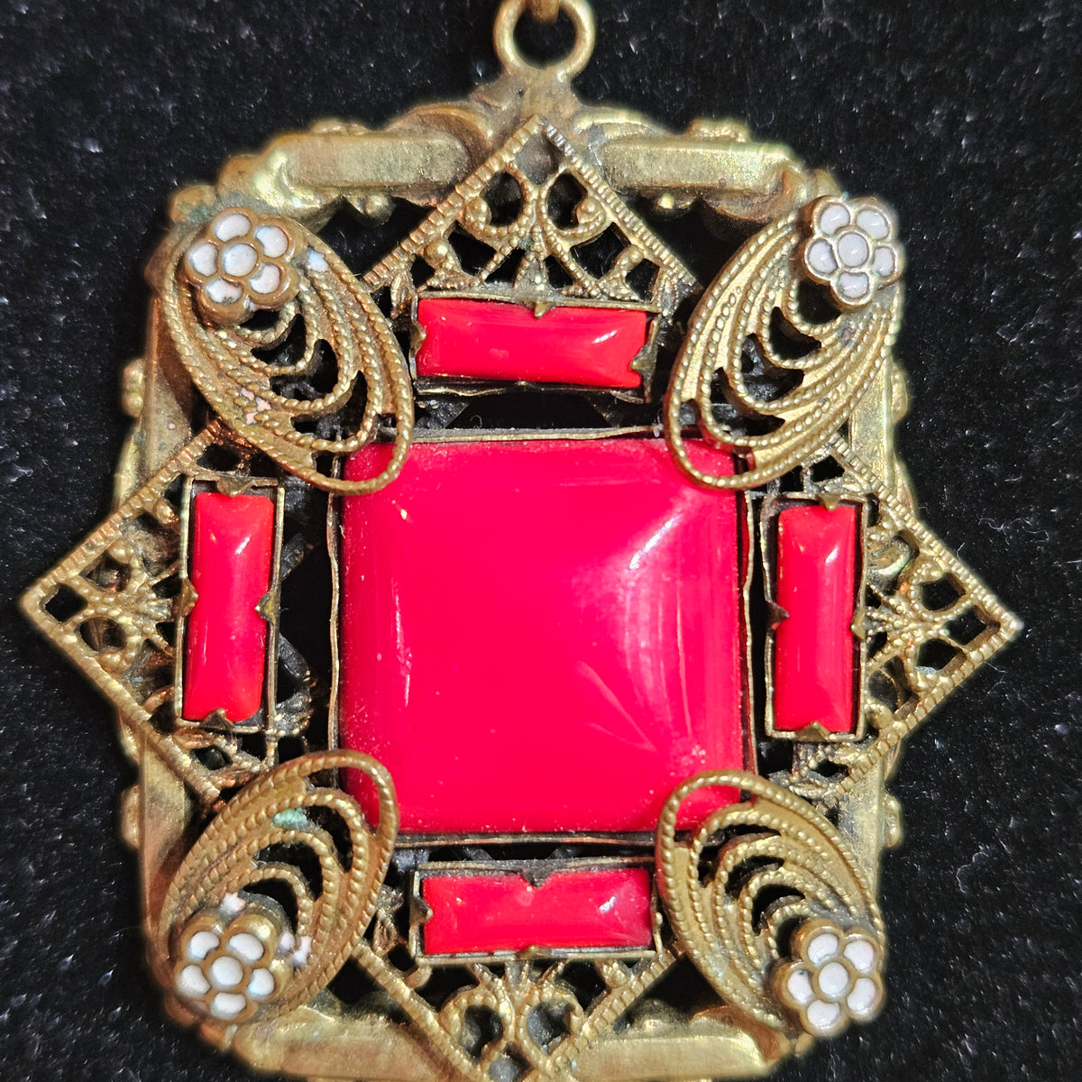Art Deco Red Glass Filigree Pendant Necklace