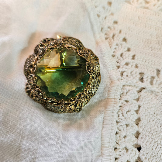 Vintage Green Glass Filigree Brooch Pendant Convertible Jewelry