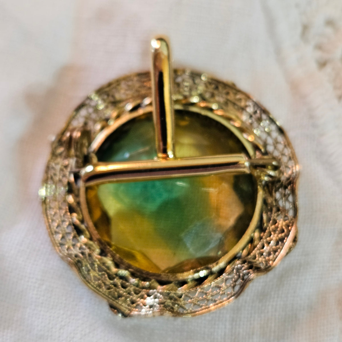 Vintage Green Glass Filigree Brooch Pendant Convertible Jewelry