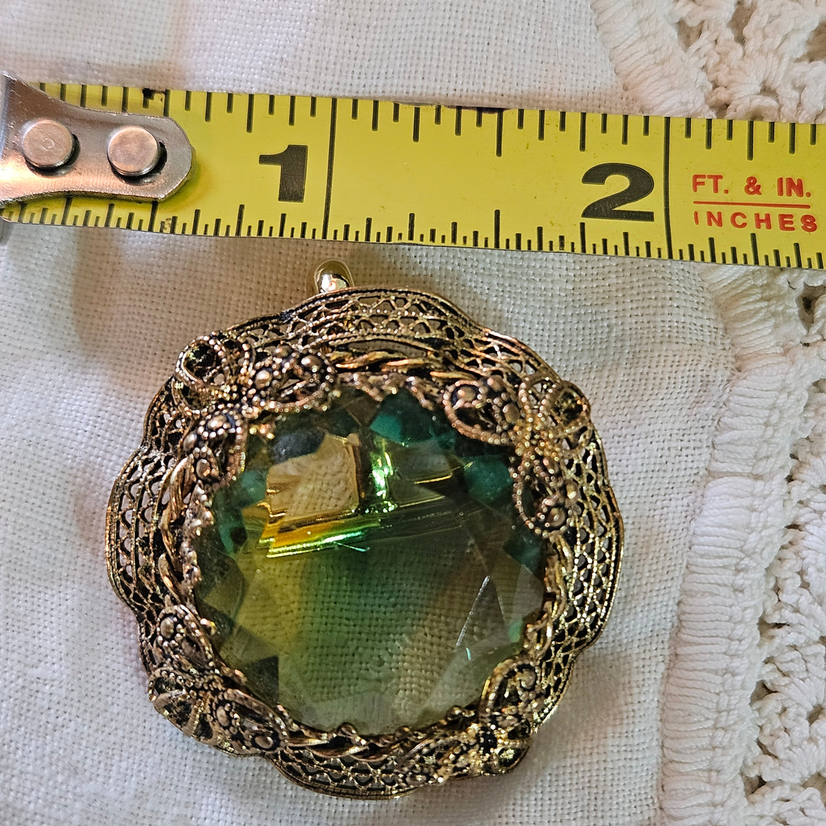 Vintage Green Glass Filigree Brooch Pendant Convertible Jewelry