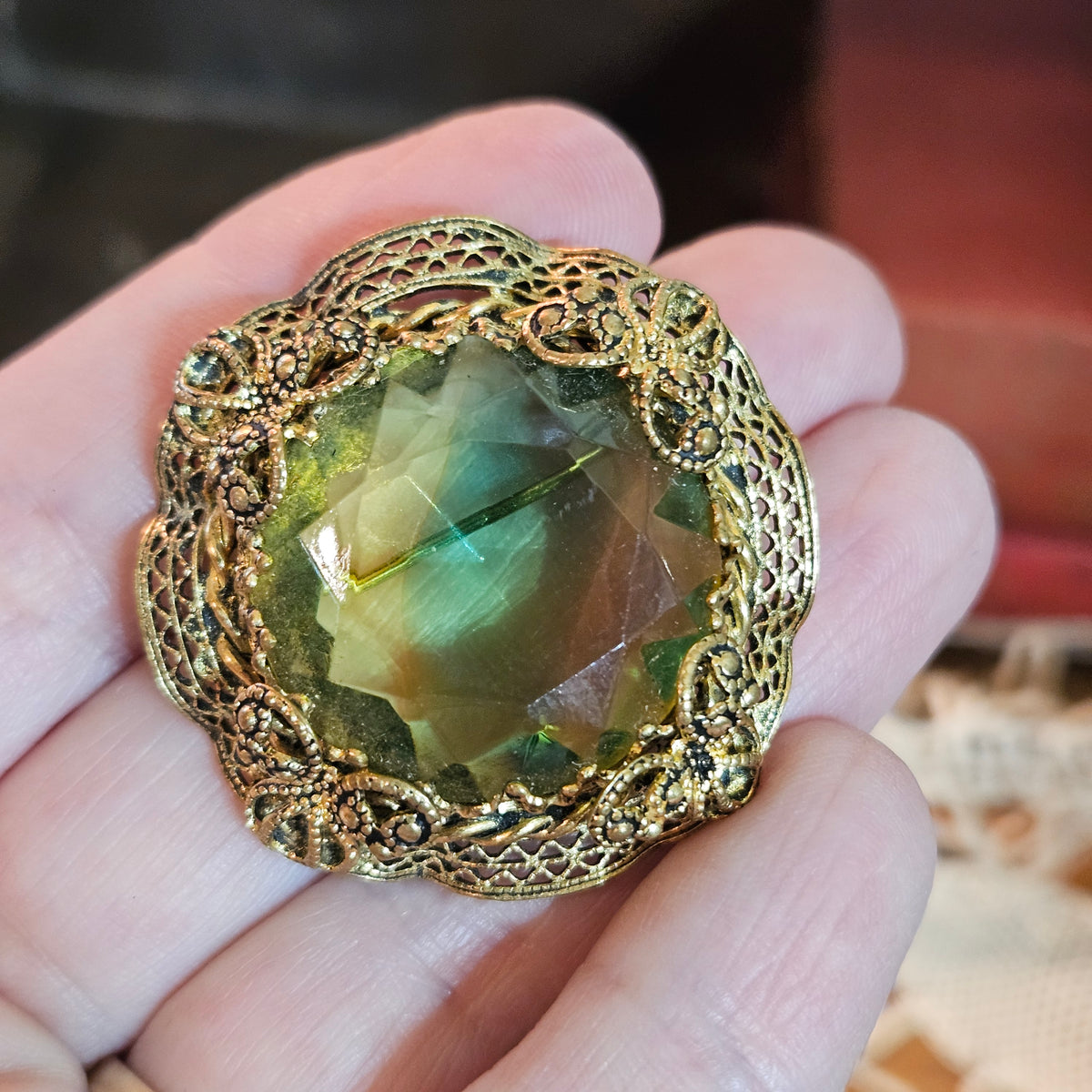 Vintage Green Glass Filigree Brooch Pendant Convertible Jewelry