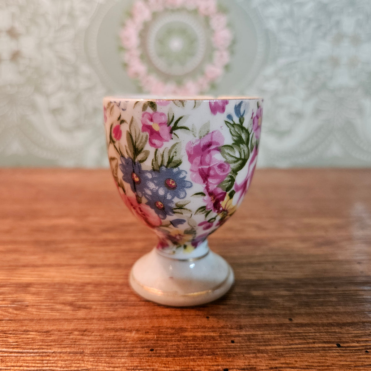 Vintage Floral Porcelain Egg Cup Pink Roses Pattern 2047