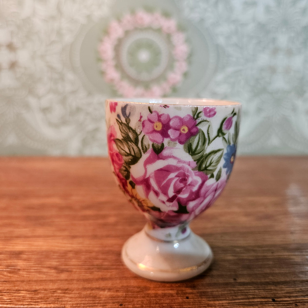 Vintage Floral Porcelain Egg Cup Pink Roses Pattern 2047