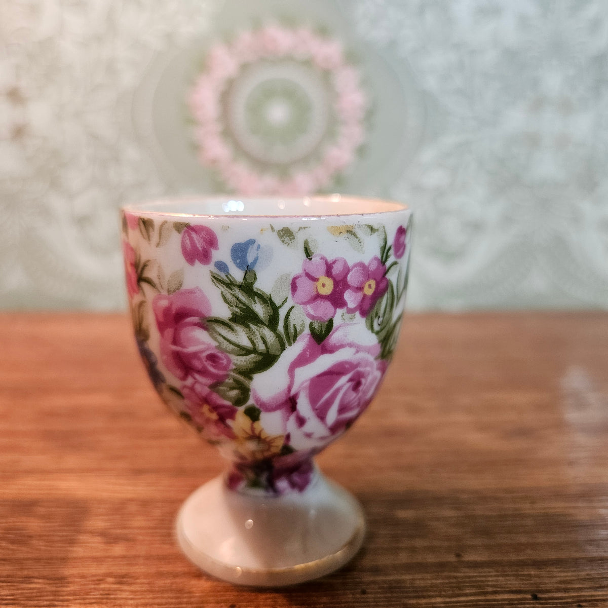 Vintage Floral Porcelain Egg Cup Pink Roses Pattern 2047