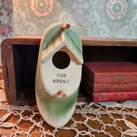 Vintage Ceramic Birdhouse Marked FOR WREN-T Green and Cream