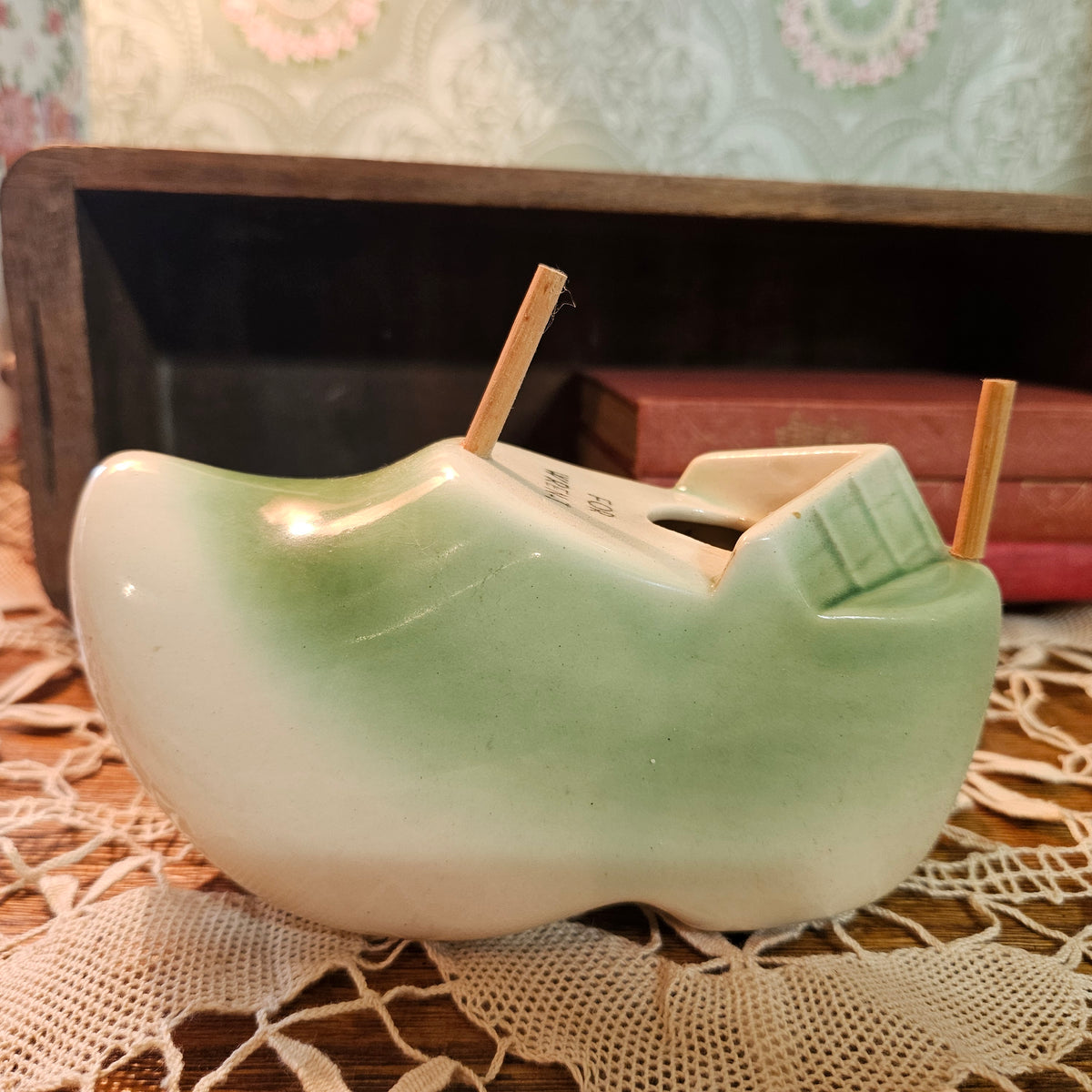 Vintage Ceramic Birdhouse Marked FOR WREN-T Green and Cream