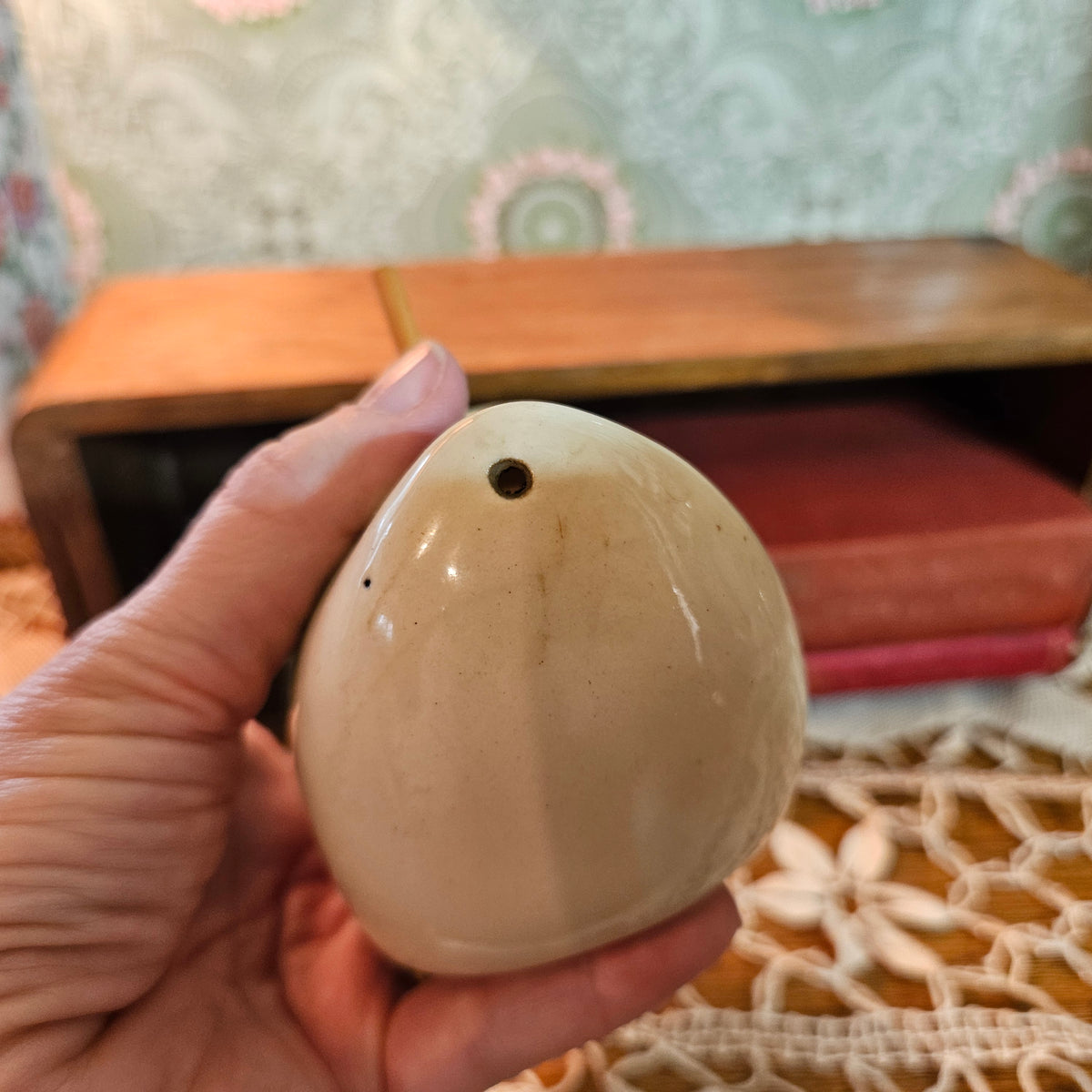Vintage Ceramic Birdhouse Marked FOR WREN-T Green and Cream