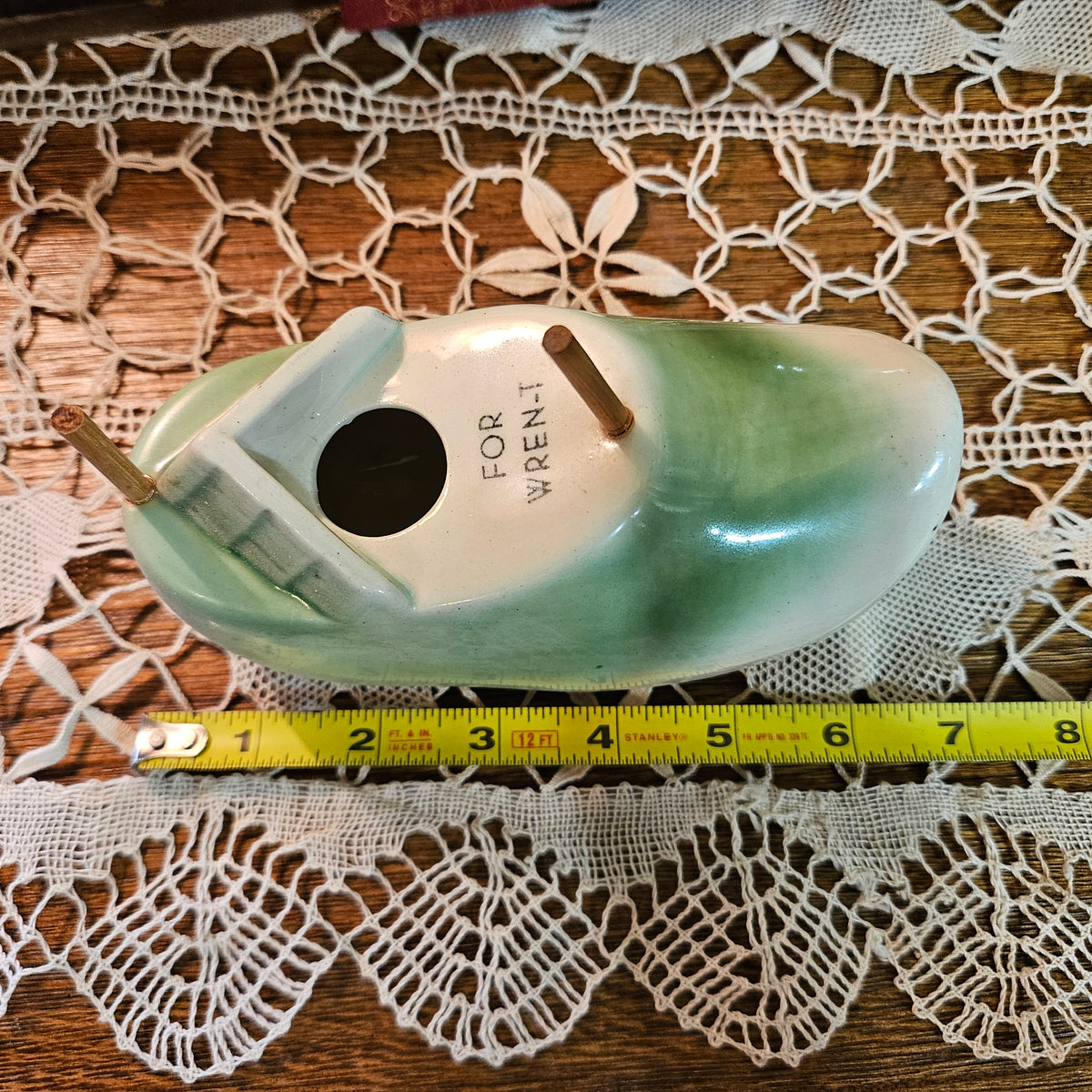 Vintage Ceramic Birdhouse Marked FOR WREN-T Green and Cream