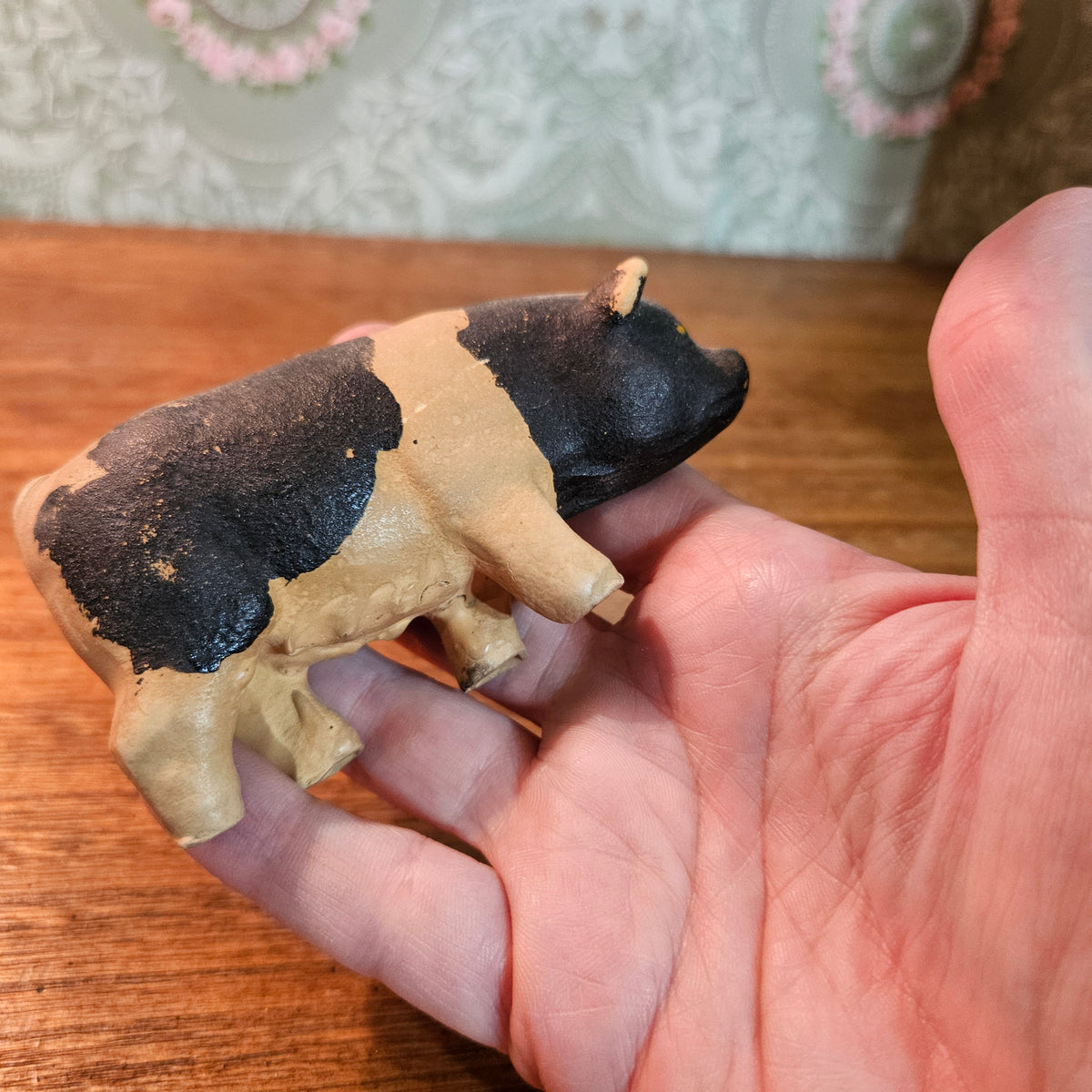 Vintage Black and Tan Pig Figurine Primitive Farmhouse Decor