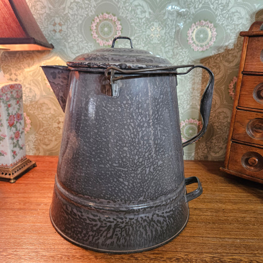 Vintage Gray Graniteware Enamel Coffee Pot with Lid