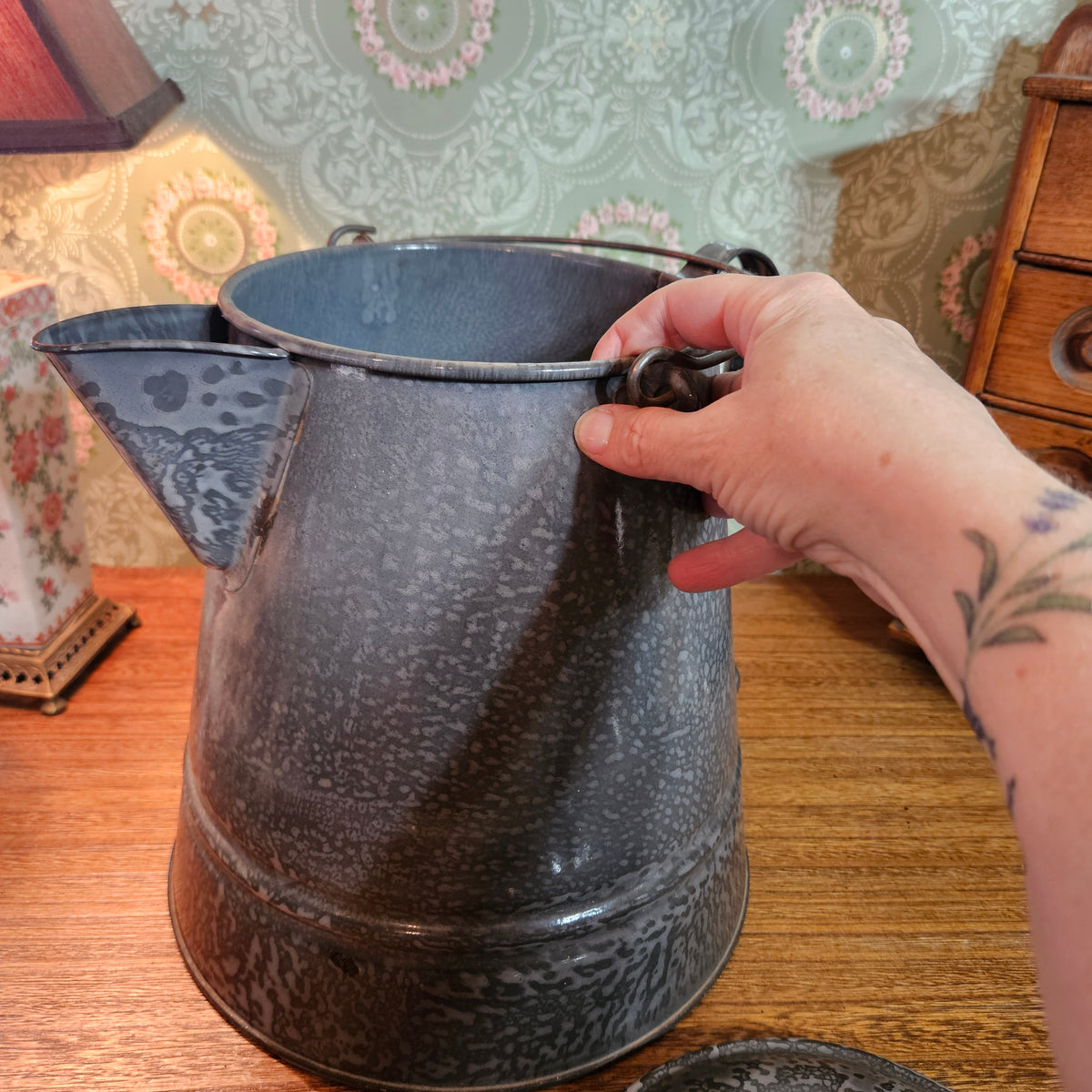 Vintage Gray Graniteware Enamel Coffee Pot with Lid