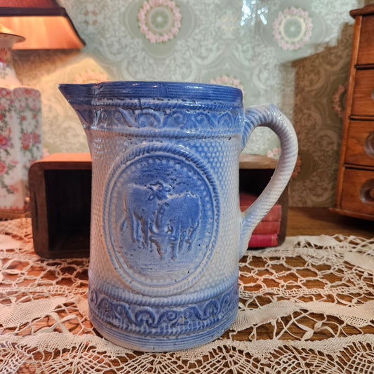Antique Blue Salt Glaze Stoneware Cow Relief Pitcher