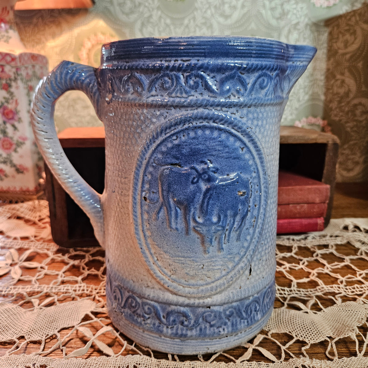 Antique Blue Salt Glaze Stoneware Cow Relief Pitcher