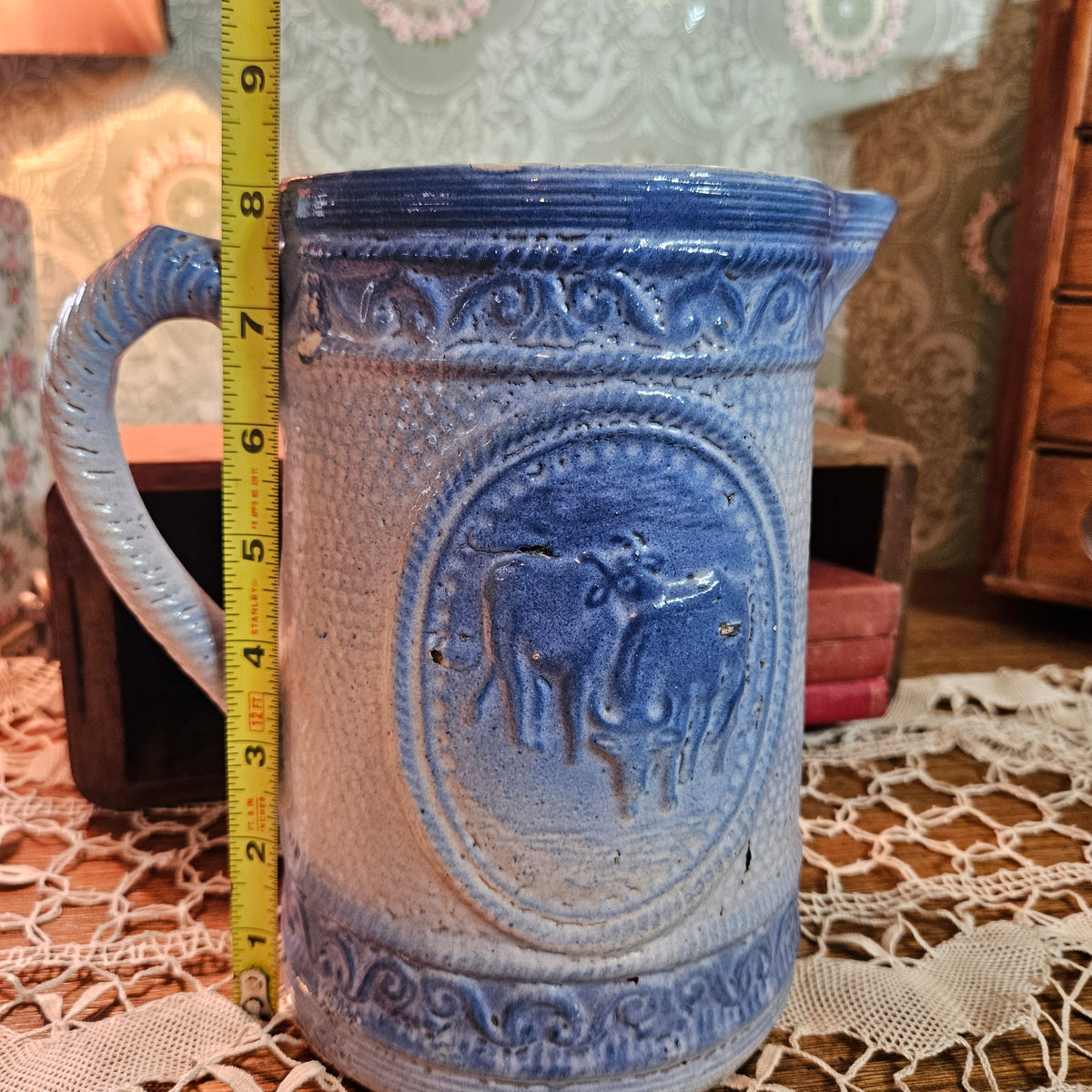 Antique Blue Salt Glaze Stoneware Cow Relief Pitcher