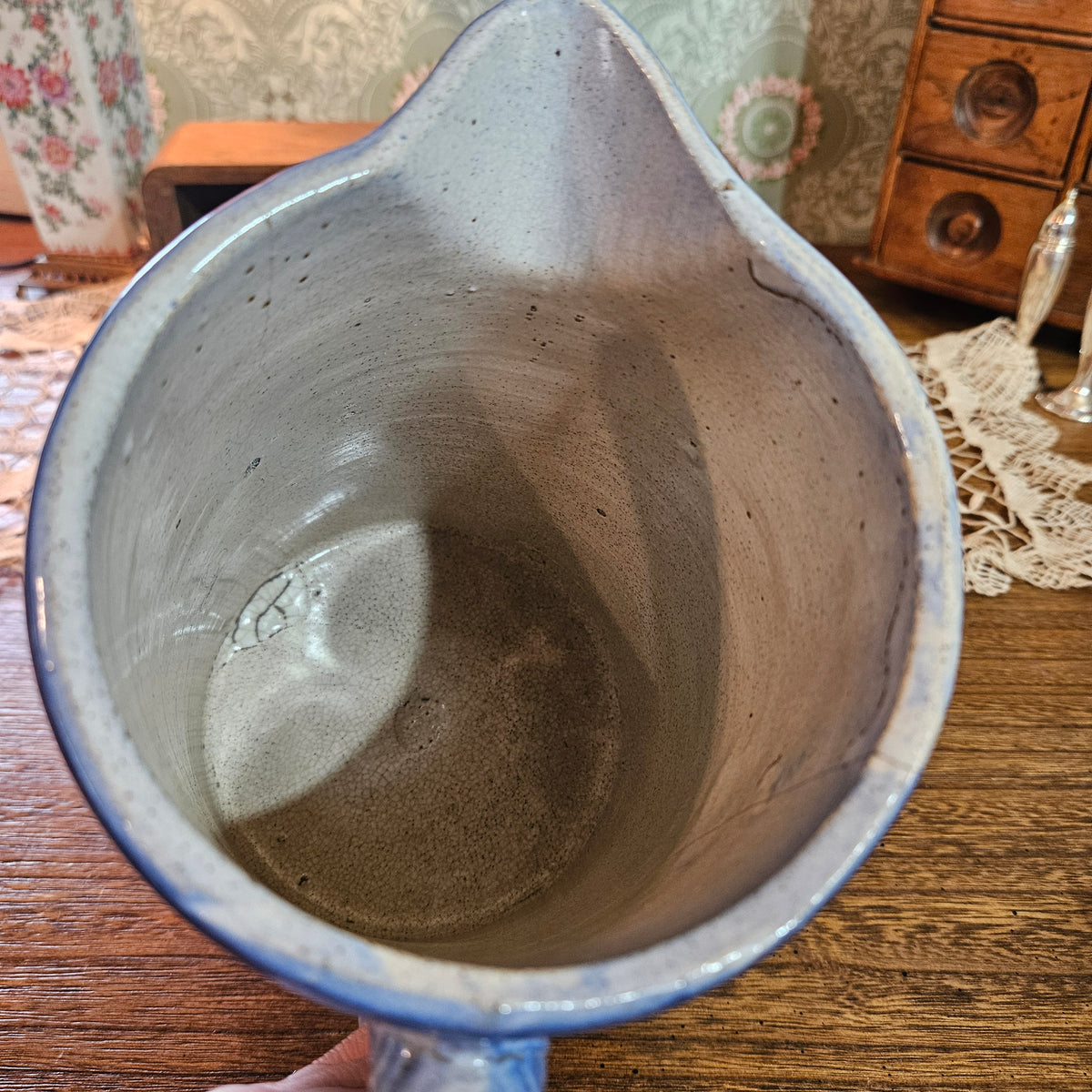 Antique Blue Salt Glaze Stoneware Cow Relief Pitcher