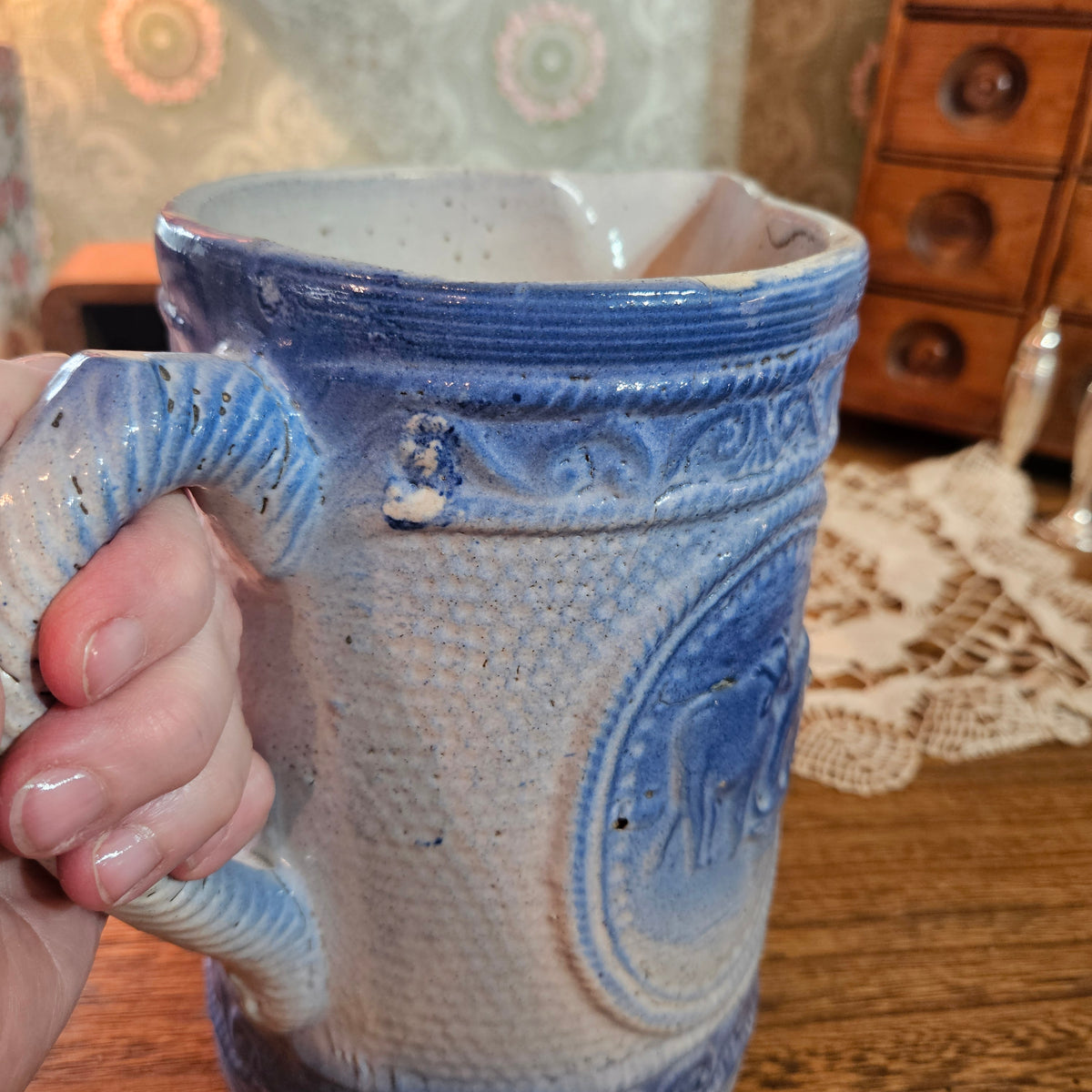 Antique Blue Salt Glaze Stoneware Cow Relief Pitcher