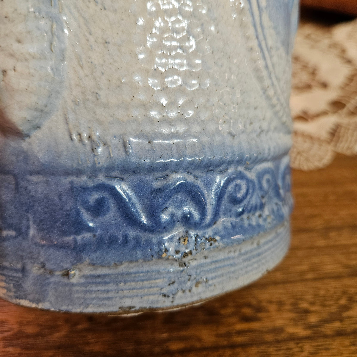 Antique Blue Salt Glaze Stoneware Cow Relief Pitcher