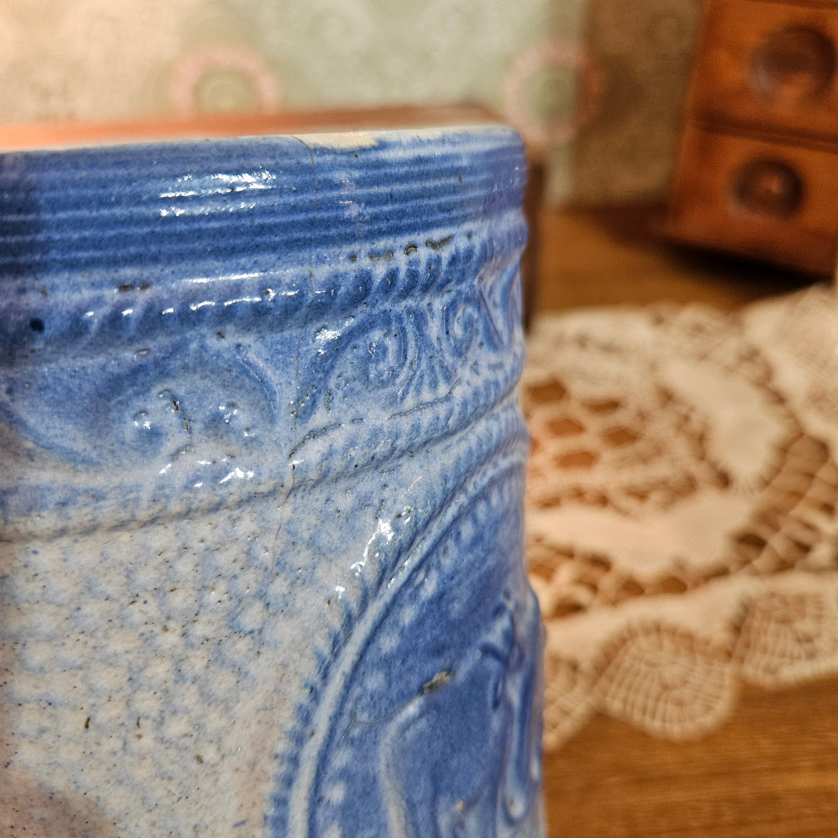 Antique Blue Salt Glaze Stoneware Cow Relief Pitcher