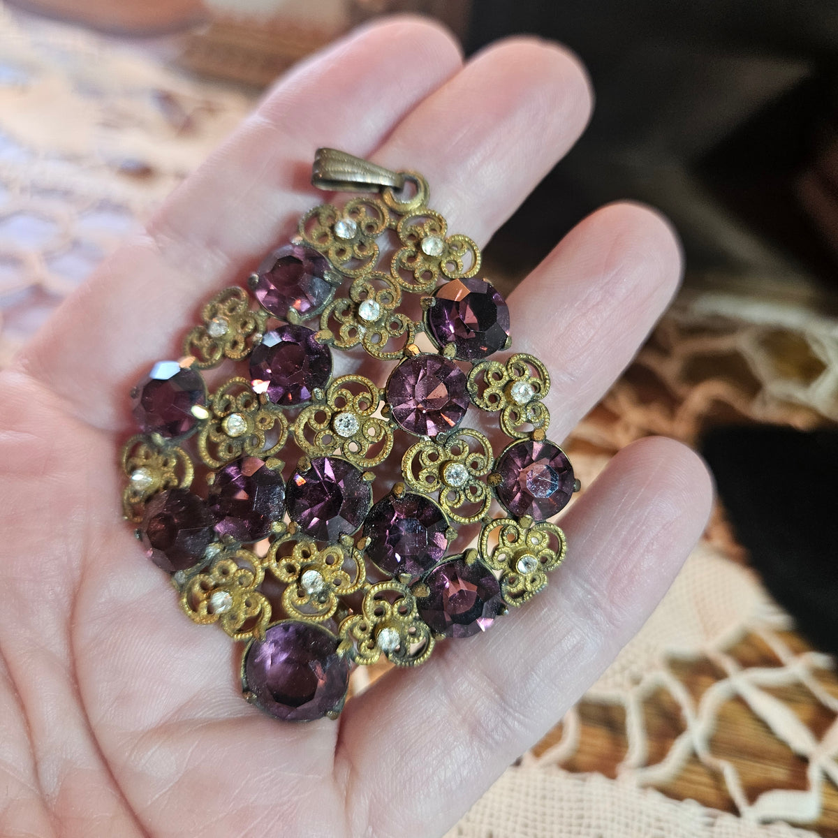 Purple Rhinestone Filigree Pendant