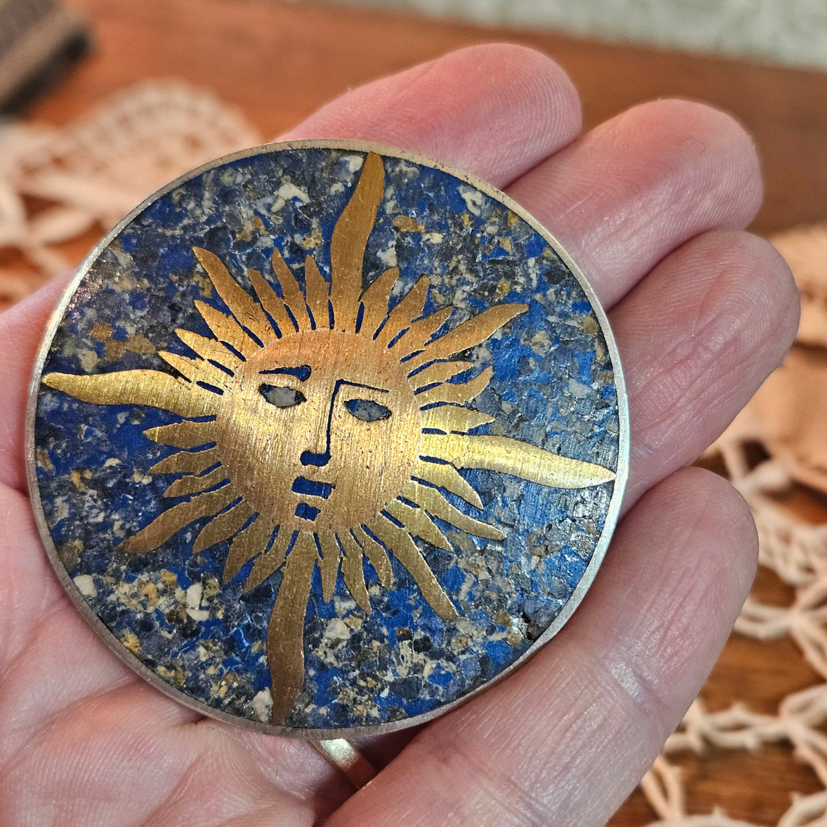 Taxco Mexican 925 Sterling Sun Brooch Blue Stone Inlay