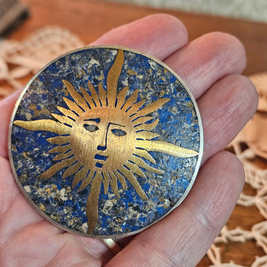 Taxco Mexican 925 Sterling Sun Brooch Blue Stone Inlay