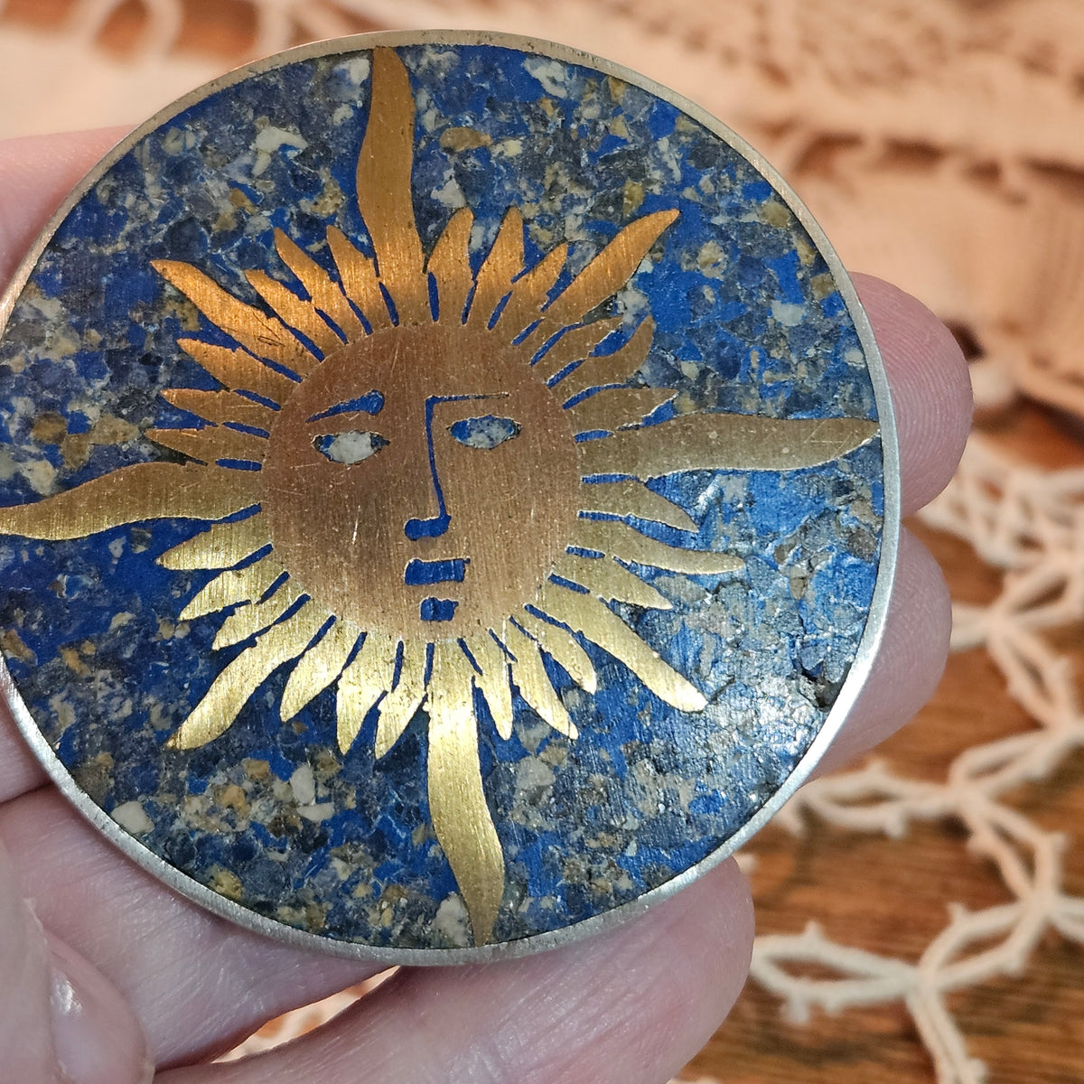 Taxco Mexican 925 Sterling Sun Brooch Blue Stone Inlay