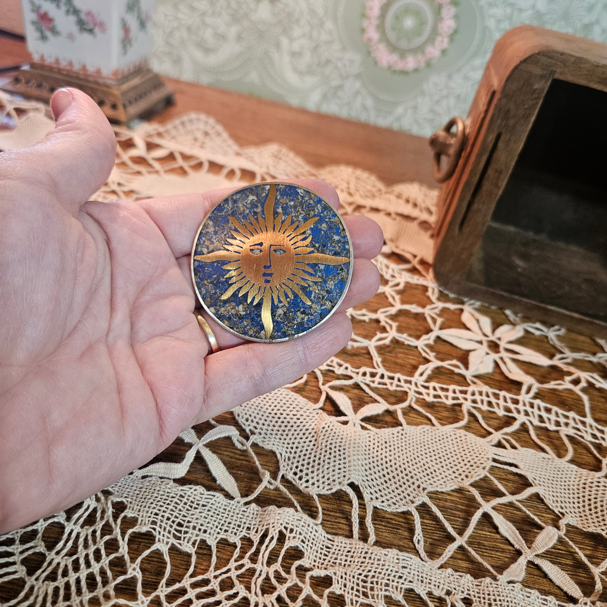 Taxco Mexican 925 Sterling Sun Brooch Blue Stone Inlay