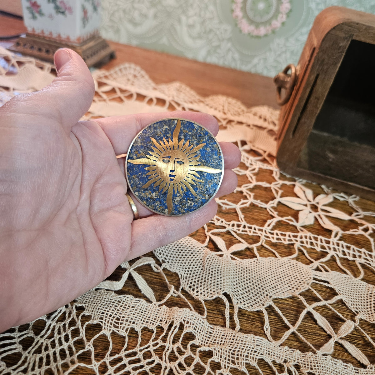 Taxco Mexican 925 Sterling Sun Brooch Blue Stone Inlay
