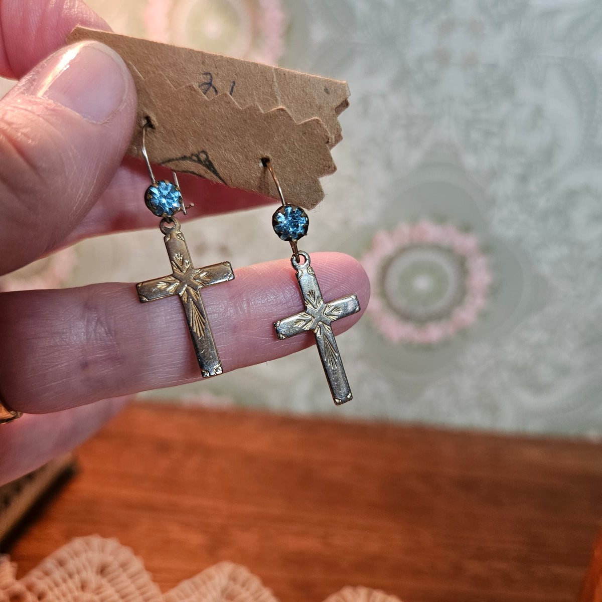 Blue Rhinestone Cross Dangle Earrings
