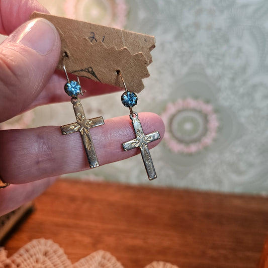 Blue Rhinestone Cross Dangle Earrings