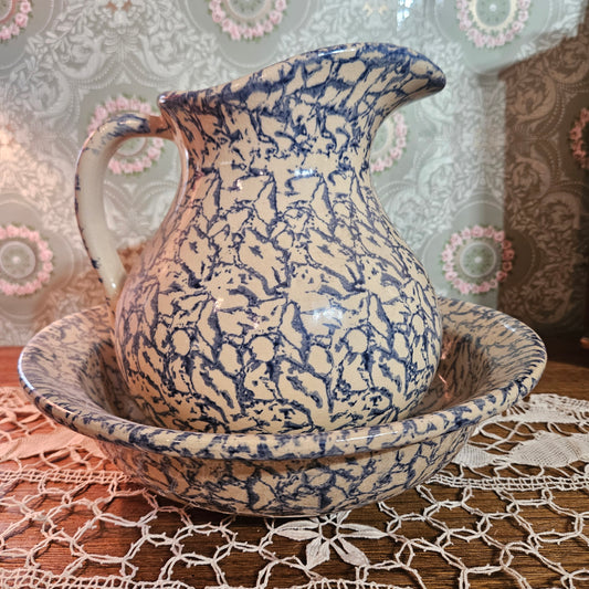 Robinson Ransbottom Blue Spongeware Pitcher Basin Set