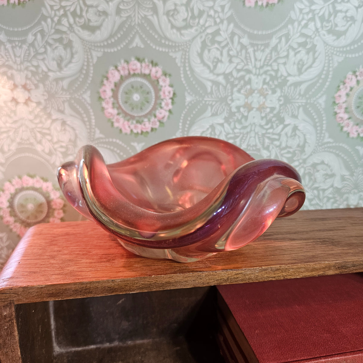 Freeform Rose Amber Art Glass Bowl
