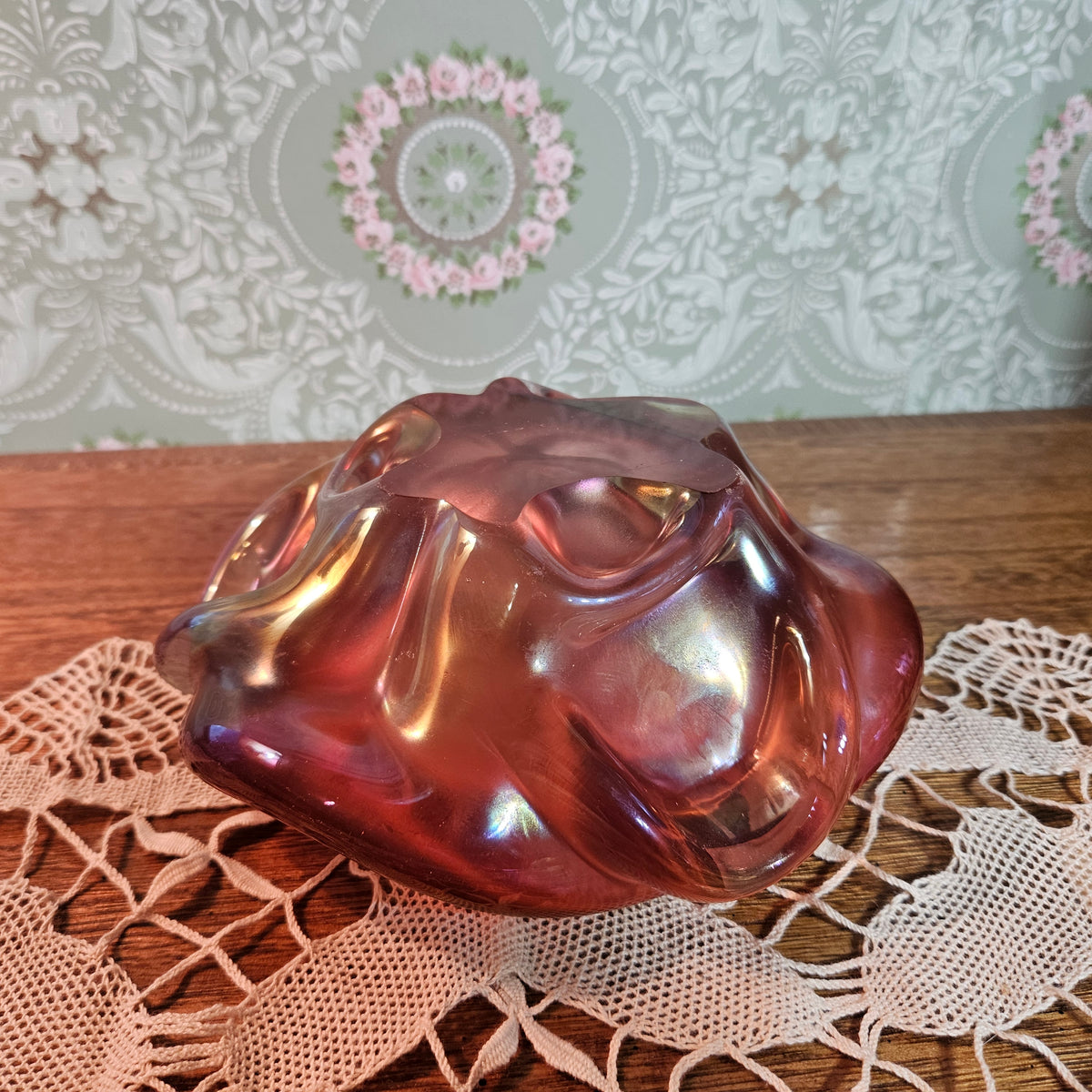 Freeform Rose Amber Art Glass Bowl