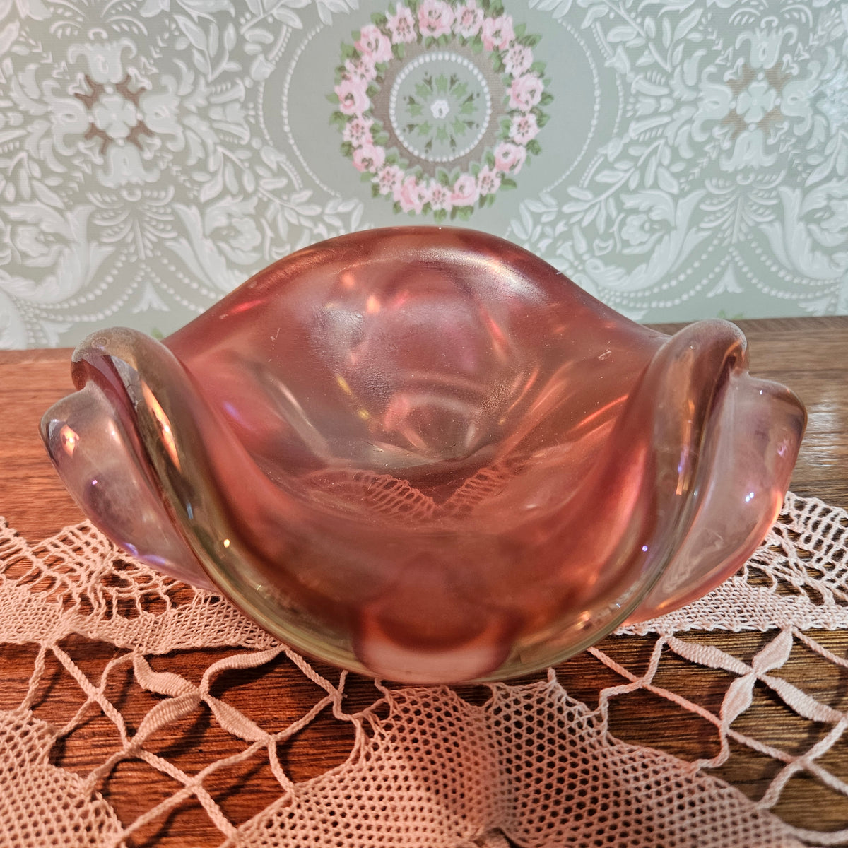 Freeform Rose Amber Art Glass Bowl