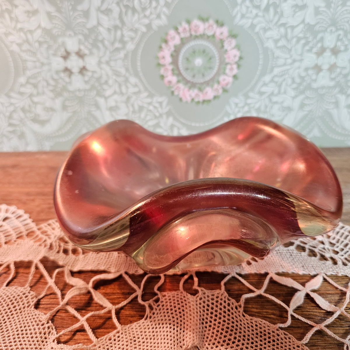 Freeform Rose Amber Art Glass Bowl